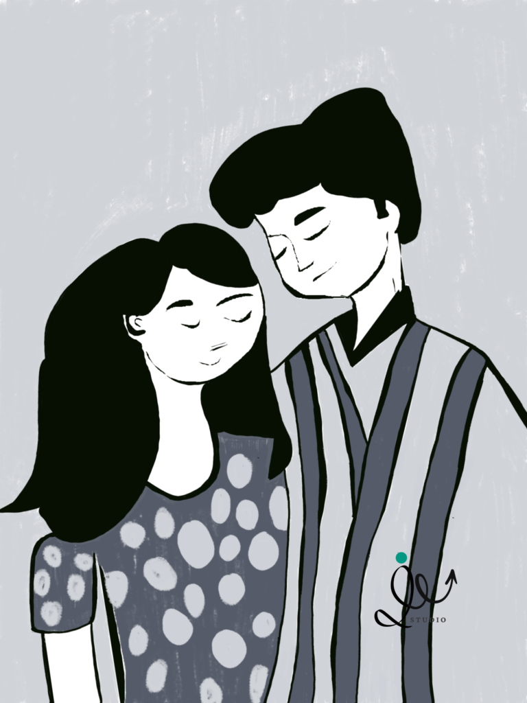 Poetic illustration of an intimate couple, emotional storytelling artwork by Inked Echo Studio