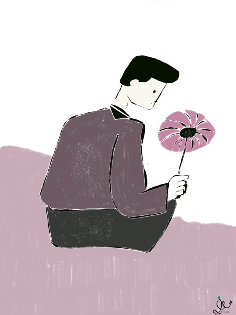Illustration of a seated figure holding a single flower, rendered in muted tones, expressing quiet contemplation — Inked Echo Studio.