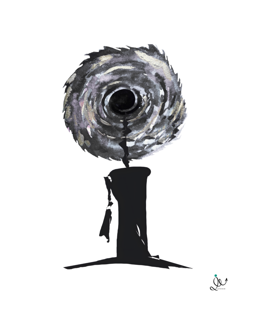 Black-and-white abstract illustration featuring a solitary figure beneath a circular, vortex-like form, symbolizing introspection and emotional gravity — original artwork by Inked Echo Studio.