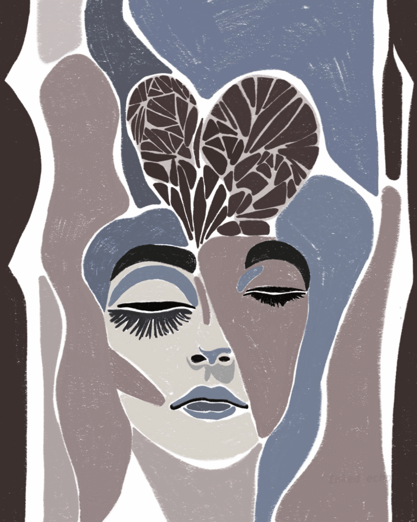 abstract female portrait with heart motif minimalist illustration muted blue and beige